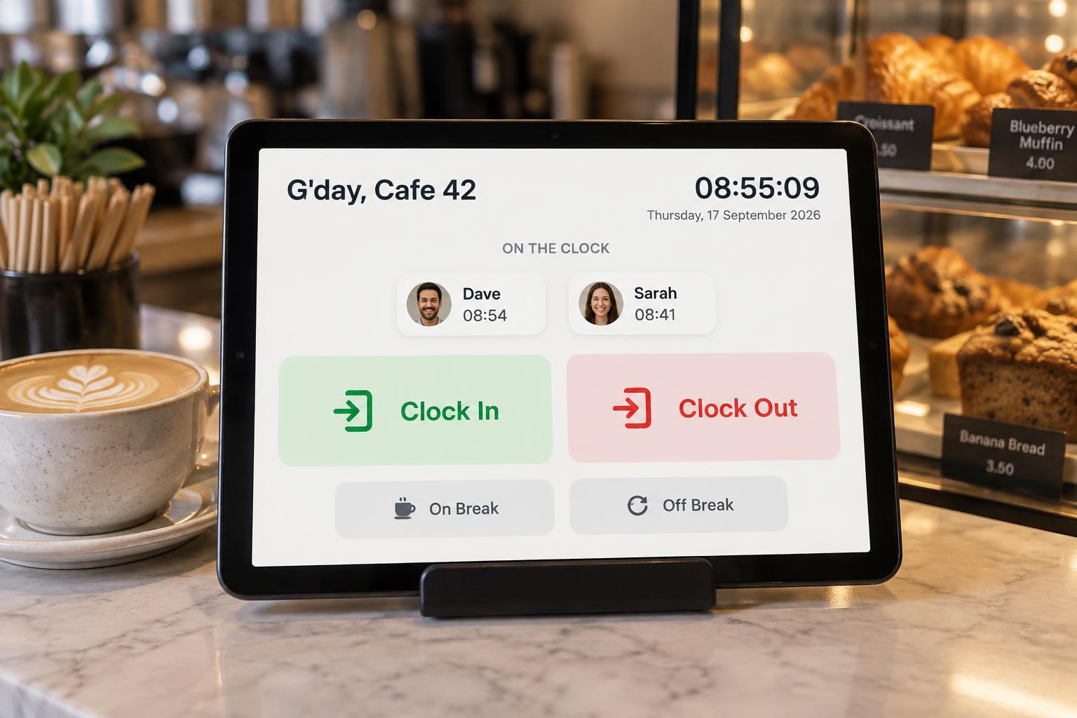 Clock In Now app on an Android tablet showing staff on the clock and the Clock In button