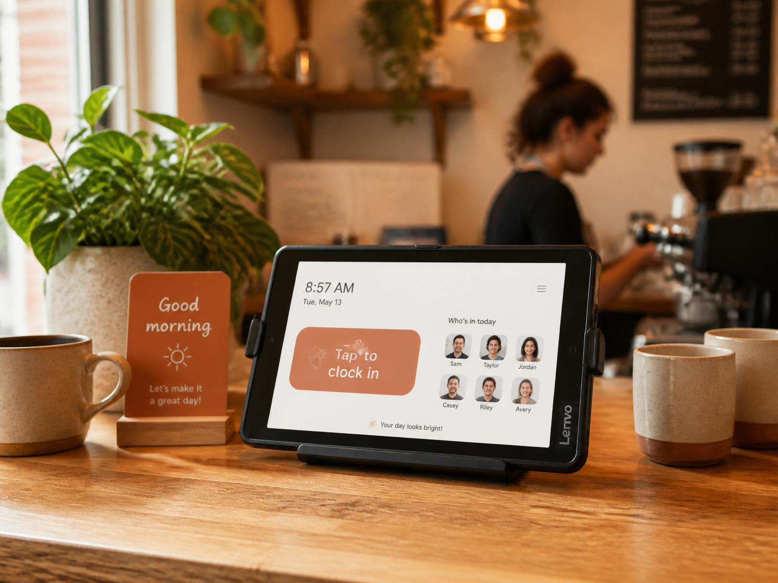 Clock In Now tablet on a café counter with staff photos on screen